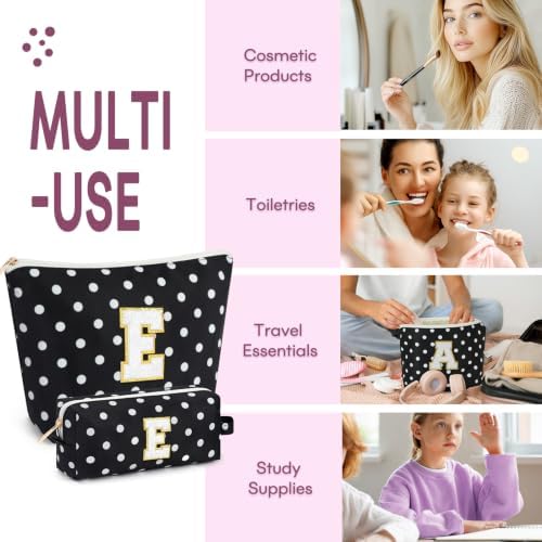 mibasies 2 PCS Initial Makeup Bags for Women: Cosmetic Bag for Travel Toiletry - Birthday Gifts for Teen Girl Gifts Trendy Stuff - Graduation Teacher Gift for Girlfriend -Polka Dot Black E - Image 4
