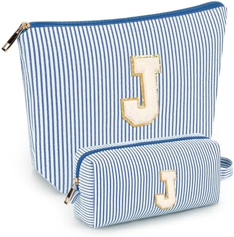 2 PCS Initial Makeup Bags for Women: Cosmetic Bag for Travel Toiletry - Birthday Gifts for 11 12 13 14 15 16 17 18 Years Old Girl Graduation Teacher Gift- Teen Girl Gifts Trendy Stuff - Blue J by mibasies