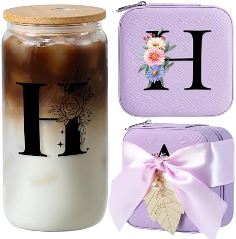 AYGXU Birthday Gifts for Women,Initial Glass Cup,Cute Tumbler Cup,bamboo lids for glass cups,Travel Jewelry Organizer,Teen Girls Gifts for Teenage Girls Birthday,Initial H purple by AYGXU