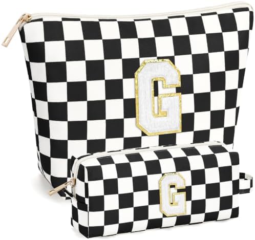 mibasies 2 PCS Initial Makeup Bags for Women: Cosmetic Bag for Travel Toiletry - Birthday Gifts for Teen Girl Gifts Trendy Stuff - Graduation Teacher Gift for Girlfriend -Checkered Black G by mibasies