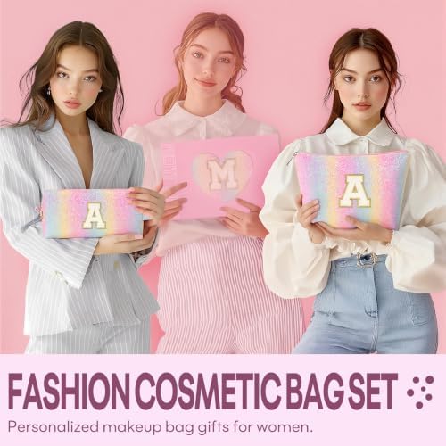 mibasies 2 PCS Initial Makeup Bags for Women: Cosmetic Bag for Travel Toiletry - Birthday Gifts for Teen Girl Gifts Trendy Stuff - Graduation Teacher Gift for Girlfriend -Glitter Rainbow K - Image 5