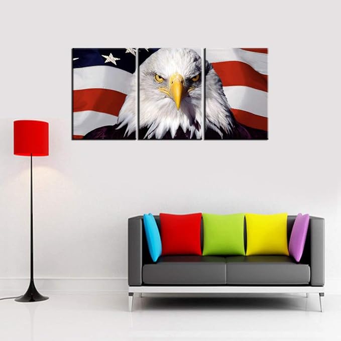 Patriotic Pictures for Living Room USA Flag and Bald Eagle Head Artwork White Red Stripes Paintings 3 Piece Canvas Wall Art Contemporary Home Decor Framed Ready to Hang Posters and Prints(42''Wx20''H)