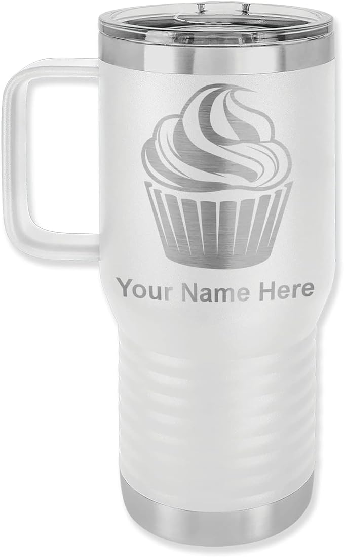 LaserGram 20oz Vacuum Insulated Travel Mug with Handle, Cup Cake, Personalized Engraving Included (White)