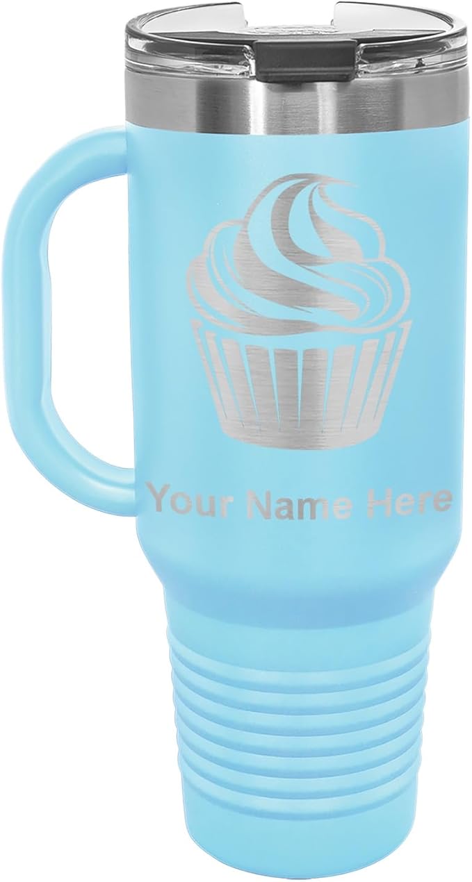 LaserGram 40oz Vacuum Insulated Travel Mug with Handle, Cup Cake, Personalized Engraving Included (Light Blue)