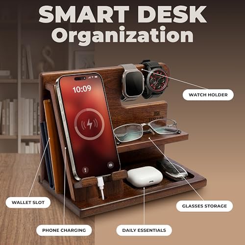 TESLYAR Wood Phone Docking Station for Men - Desktop or Nightstand Organizer - Birthday Gifts for Men, Dad - Anniversary Idea from Wife - Key Holder, Stand Wallet, Watch & Essentials (Bourbon Brown) - Image 3