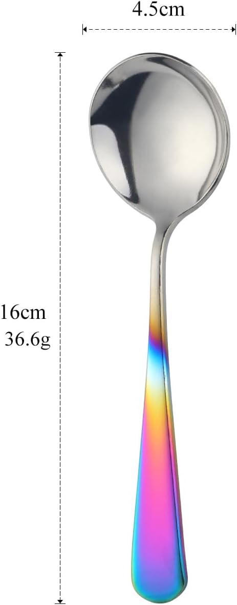 Buyer Star 8 Pieces Stainless Steel Round Soup Spoon, 6.3 Inch Mirror Polished Spoon Cutlery, Dishwasher Safe (Gradual Rainbow)