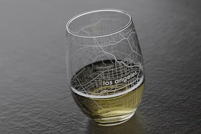 Well Told Engraved Los Angeles California Map Stemless Wine Glass, Etched Glass (15 oz, Clear) City Custom Gifts for Lovers