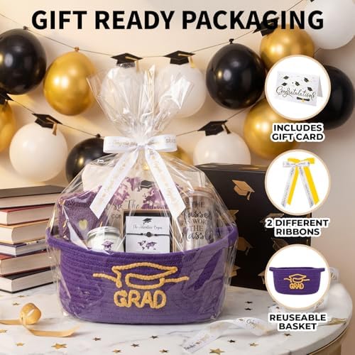 Zopeal Graduation Gift Basket for Her 2026,Graduation Gift Set with Glass Tumbler,Makeup Bag,Candle,Socks,Bracelet,Keychain,Card,College Grad Gifts for Her Women Daughter Granddaughter(Purple) - Image 3