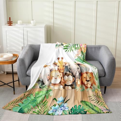 Erosebridal Lion Monkey Flannel Blanket 40x50 Inch Giraffe Elephant Fleece Blanket Bird Board Palm Leaves Fuzzy Plush Throw Kawaii Wildlife Plants Living Room Decor by Erosebridal