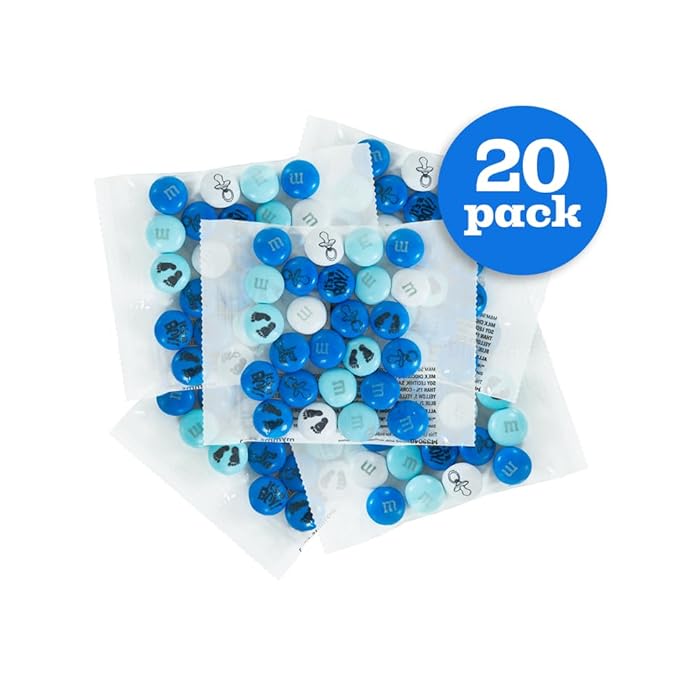 M&M'S World Baby Boy Milk Chocolate Favors 20 Packs 0.75oz each with Blue and White M&M'S for Boy Baby Showers Gender Reveal Parties and Guest Giveaways