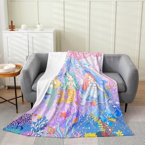 Erosebridal Mermaid Flannel Blanket Queen Inch Fish Scales Fleece Blanket Underwater Coral Sequins Seahorse Fuzzy Plush Throw Octopus Crab Shell Seaweed Living Room Decor by Erosebridal