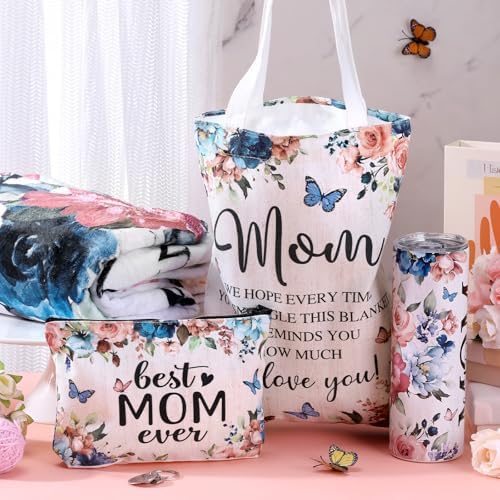 Geiserailie 5 Pcs Mother's Gift Set for Mom Include Colorful Butterfly Flower Blanket 20oz Stainless Steel Tumbler with Straw and Brush Best Mom Ever Makeup Bag Keychain for Mother from Daughter Son - Image 2