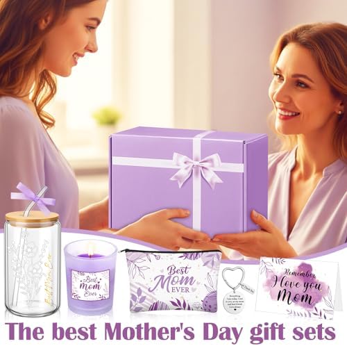 Bokon 6 Pcs Birthday Gifts for Mom Best Mom Ever Gifts Box Set with 16oz Glass Cup Scented Candle Makeup Bag from Daughter Son for Wife Mother Day Party(Purple) - Image 6