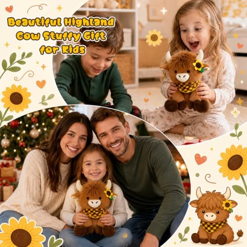 Sunflower Highland Cow Plush- Cow Stuffy Checkered Handkerchief Decor - Image 6