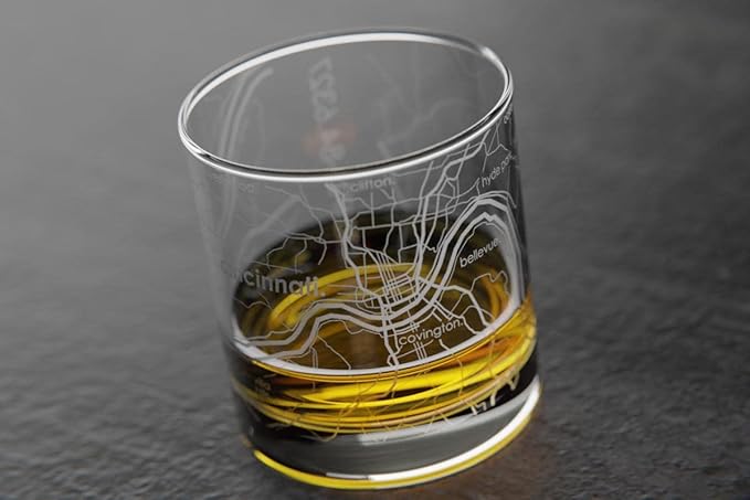 Well Told Engraved Cincinnati Ohio Map Rocks Glass, Old Fashioned Whiskey Glass (11 oz, Clear) Etched Whiskey Glass, Gifts For Whiskey Lovers
