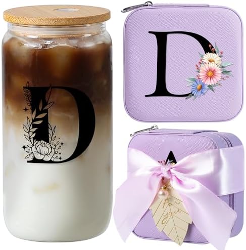 AYGXU Graduation Gifts for girls,teacher appreciation gifts for women,high school Graduation gifts for her,Small Jewelry Travel Case,16oz glass cups with lids and straws,Initial D purple by AYGXU