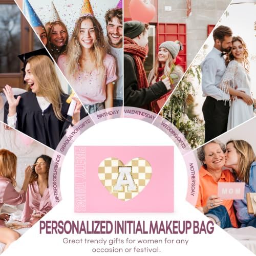 mibasies 2 PCS Initial Makeup Bags for Women: Cosmetic Bag for Travel Toiletry - Birthday Gifts for Teen Girl Gifts Trendy Stuff - Graduation Teacher Gift for Girlfriend -Checkered Brown A - Image 6