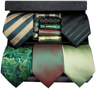 Hi-Tie Lot 5 Pcs Gift Box Mens Tie Set Necktie with Pocket Square Cufflinks Silk Neck Tie Collection by Hi-Tie