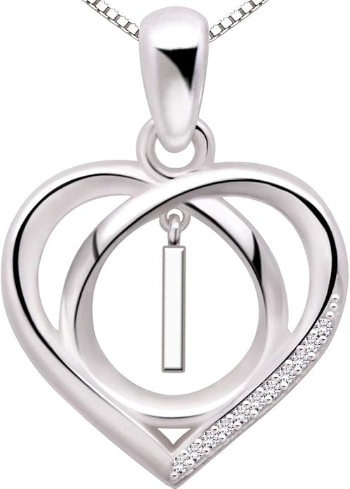 ALOV Jewelry Sterling Silver Initial Letter Alphabet Love Heart Cubic Zirconia Pendant Necklace