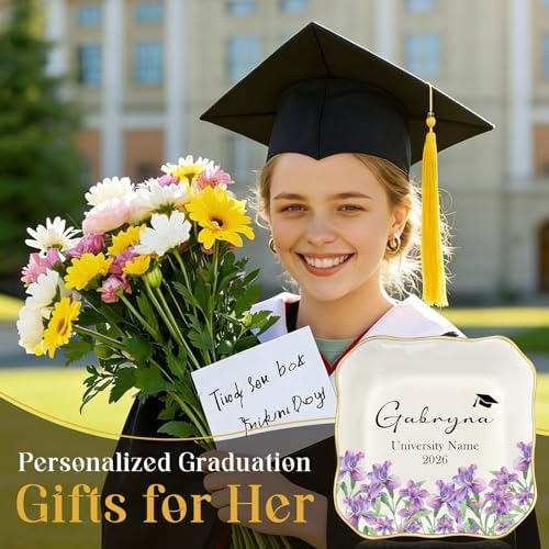 College and High School Graduation Gift for Her, Personalized Graduation Jewelry Dish Class of 2026, Ceramic Ring Tray 4.3x4.3 inches, Customizable Names and Birth Month Flowers - Image 3