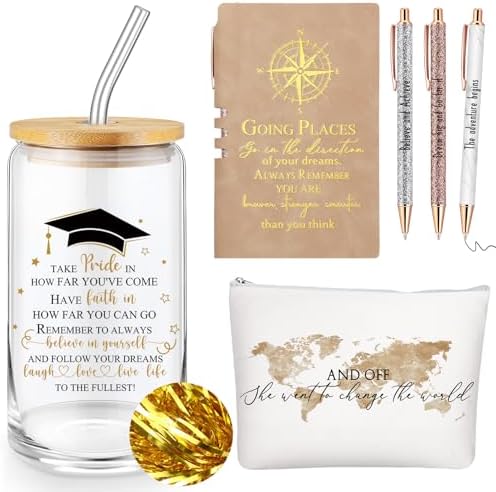 Domensi 6 Pcs Class of 2026 Graduation Gift for Her 16oz Glass Cup Makeup Bag Compass Journal Ballpoint Pens Inspirational Graduation Gift Set for College High School Daughter Sister Friend(Brown) by Domensi