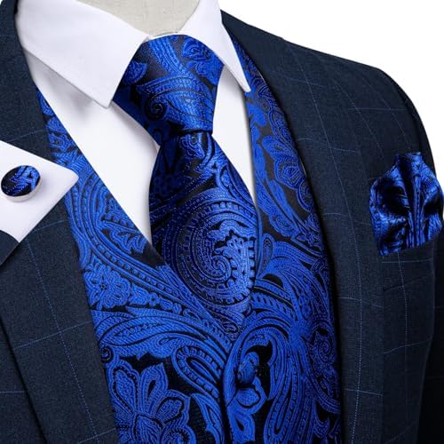 DiBanGu Mens Vest and Tie Set Formal Paisley Waistcoat and Necktie Pocket Square Cufflinks Silk Suit Vest for Tuxedo Wedding - Image 3