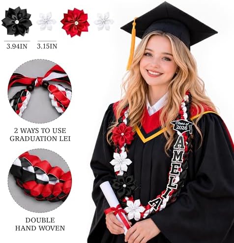 Personalized Graduation Lei 2025 2026 – Custom Name Hand Woven Ribbon Lei with Flowers Butterfly Charm | Class of 2026 Money Lei | 12 Color Options | 50 Inch | Graduation Gift for Him Her (Style 1) - Image 3