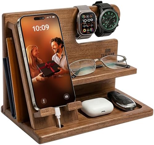 TESLYAR Wood Phone Docking Station for Men - Desktop or Nightstand Organizer - Birthday Gifts for Men, Dad - Anniversary Idea from Wife - Key Holder, Stand Wallet, Watch & Essentials (Earth Beige) by TESLYAR