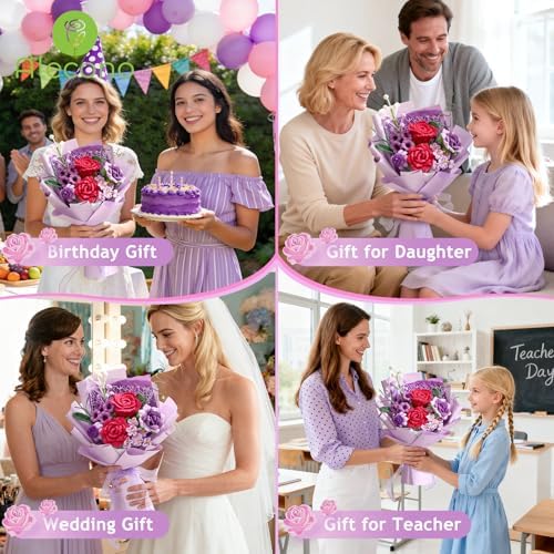 Alecono Crochet Flower Bouquet Purple and Hot Pink Handmade Knitted Rose - Image 4