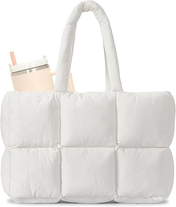 Herald Puffer Tote Bag for Women, Large Quilted Puffy Handbag Lightweight Satchel Purse with Cup Holder & Compartment