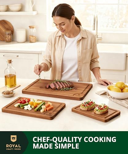 ROYAL CRAFT WOOD Wooden Cutting Boards for Kitchen Meal Prep & Serving - Bamboo Wood Serving Board Set with Deep Juice Groove Side Handles - Charcuterie & Chopping Butcher Block for Meat - Image 5