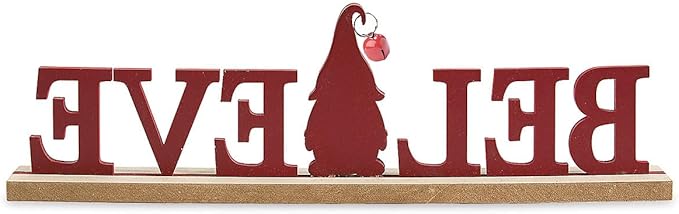 Lillian Vernon Christmas Believe Gnome Table & Shelf Sitter Sign, Seasonal Tabletop Decorations & Rustic Indoor Home Decor, 12” Long, MDF & Wood