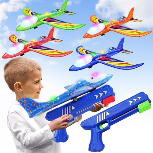 Wesfuner 4 Pack Airplane Launcher Toys, 2 Flight Modes LED Foam Glider Catapult Plane Toy for Boys, Outdoor Flying Toys Birthday Gifts for Boys Girls 4 5 6 7 8 9 10 11 12 Year Old by WESFUNER