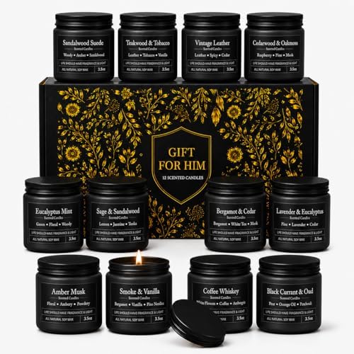 YMing 12 Pack Scented Candles for Men, Masculine Soy Candle Gift Set, 3.5 oz Each, Woody Leather Tobacco Coffee & Amber Scents, Gifts for Men Dad Husband Boyfriend by YMing