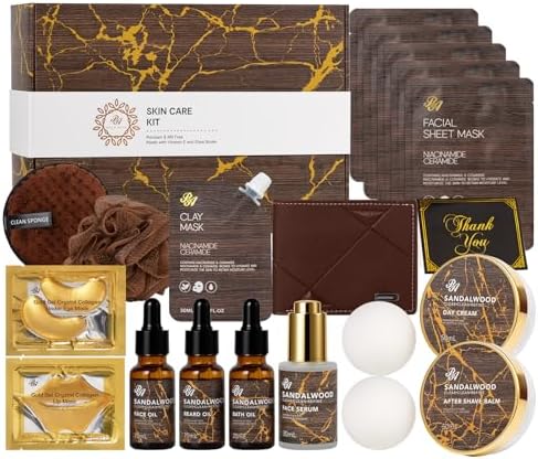 Sandalwood Beard Grooming Set For Men, 21 Pcs Facial Skin Care Set, Spa & Self-Care Gift Basket Set, Bath and Body Gift Set, Bath Bomb, Birthday, Christmas, Valentines, Father's Day Gift, Husband, Dad by RAROSAACCA
