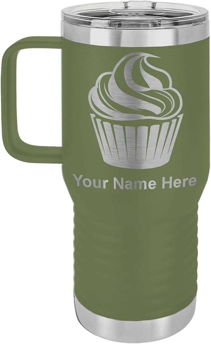LaserGram 20oz Vacuum Insulated Travel Mug with Handle, Cup Cake, Personalized Engraving Included (Camo Green)