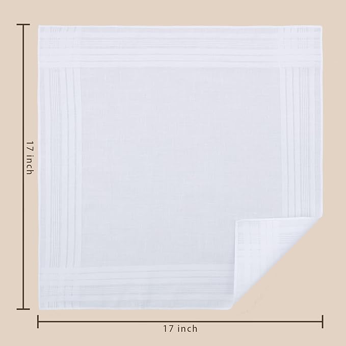 GB Men's Handkerchiefs 100% Cotton Solid White with Stripe Large Classic Hankies Bulk Set