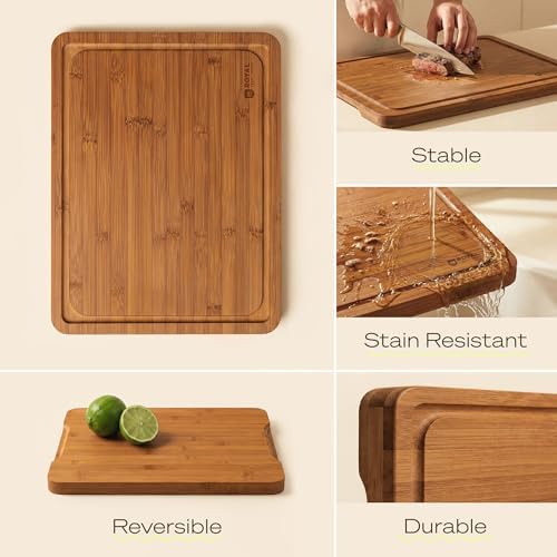 ROYAL CRAFT WOOD Wooden Cutting Boards for Kitchen Meal Prep & Serving - Bamboo Non Toxic Cutting Board Set with Deep Juice Groove Side Handles - Charcuterie & Chopping Butcher Block for Meat (4 Pcs) - Image 4