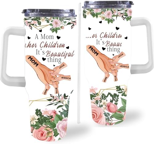 Gifts for Mom from Daughter Son, Personalized Mama Bear Tumbler with Handle and Straw, Custom Mom Coffee Tumbler with Kids Names, Personalized Mothers Day Gift for Women, Her, New Mom, Grandma by Artsadd