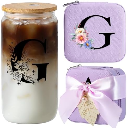 AYGXU Travel essential jewelry box,16oz Glass Cups with Bamboo Lids and Straws set,Personalized Jewelry Boxes for Women Girls,Travel Gifts for Women,Birthday Gifts for Girls,Initial G purple by AYGXU