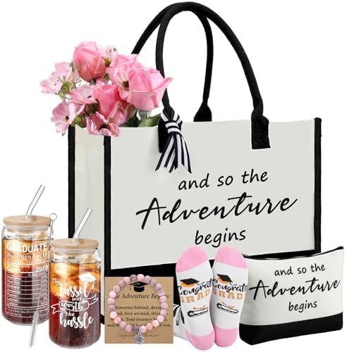 Thyle 6 Pcs Graduation Gifts for Her 2026 College Congratulations Grad Gifts for Women and So the Adventure Begins Tote Bag Makeup Bag Socks Bracelet Card Cup for Women High School Daughter Friends by Thyle