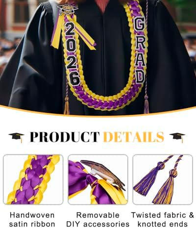 ALKB 2026 Graduation Lei Set - Two-Tone Braided Ribbon with Honor Cord, Unisex Graduation Gift for Graduates, Polyester - Image 4