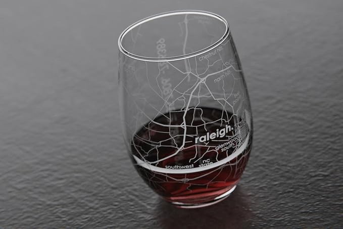 Well Told Engraved Raleigh North Carolina Map Stemless Wine Glass, Etched Glass (15 oz, Clear) City Custom Gifts for Lovers