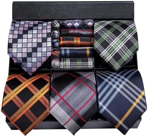 Hi-Tie Lot 5 Pcs Gift Box Mens Tie Set Necktie with Pocket Square Cufflinks Silk Neck Tie Collection by Hi-Tie