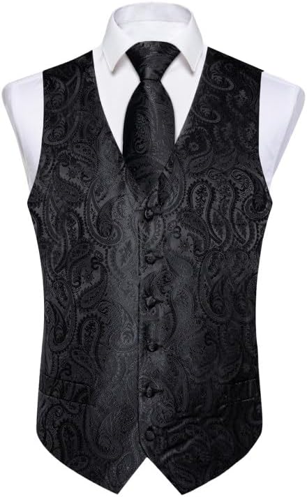 DiBanGu Mens Vest and Tie Set Formal Paisley Waistcoat and Necktie Pocket Square Cufflinks Silk Suit Vest for Tuxedo Wedding - Image 3
