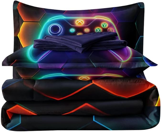 5PCS Gaming Comforter Sets Full,Full Comforter Set for Boys,Gaming Geometry Bed Set for Boys,Adults,Teens,All Season Use