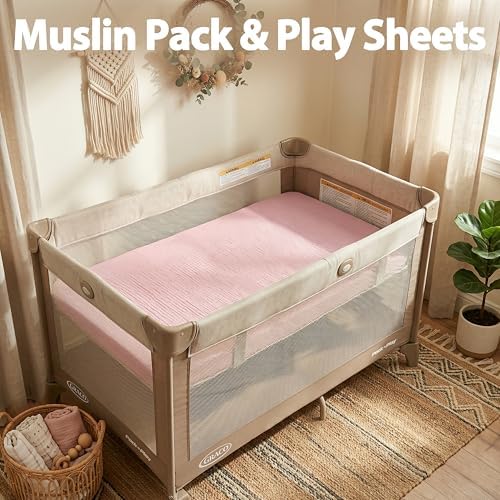Pro Goleem Muslin Pack n Play Sheets for Girls, Soft Breathable Cotton Fitted Mini Crib Sheets, Baby Sheets for Playard Mattress, 2 Pack (Pink＆Purple) - Image 2
