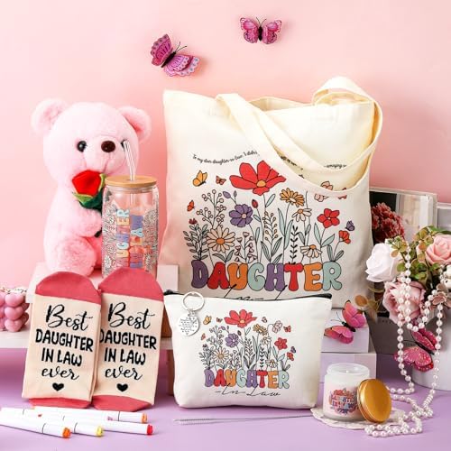Funnymoom 6 Pcs Daughter in Law Gifts from Mother in Law with 17 oz Glass Cup Canvas Tote Bag for Birthday Wedding Gifts - Image 2