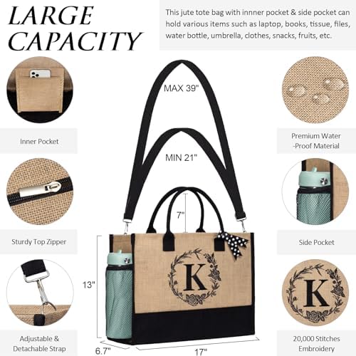 Personalized Birthday Gifts for Women, Monogrammed Initial Jute Tote Bags - Image 6