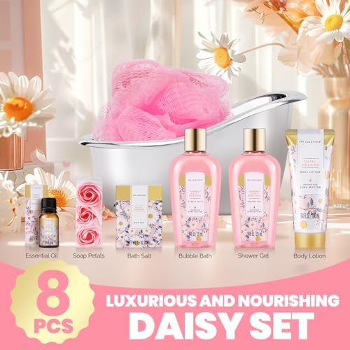 Self Care Gifts for Women, Spa Luxetique Bath and Body Gift Set, 8pcs Daisy Gift Baskets for Women with Bubble Bath, Lotion, Spa Kit, Valentines Day Basket - Image 2